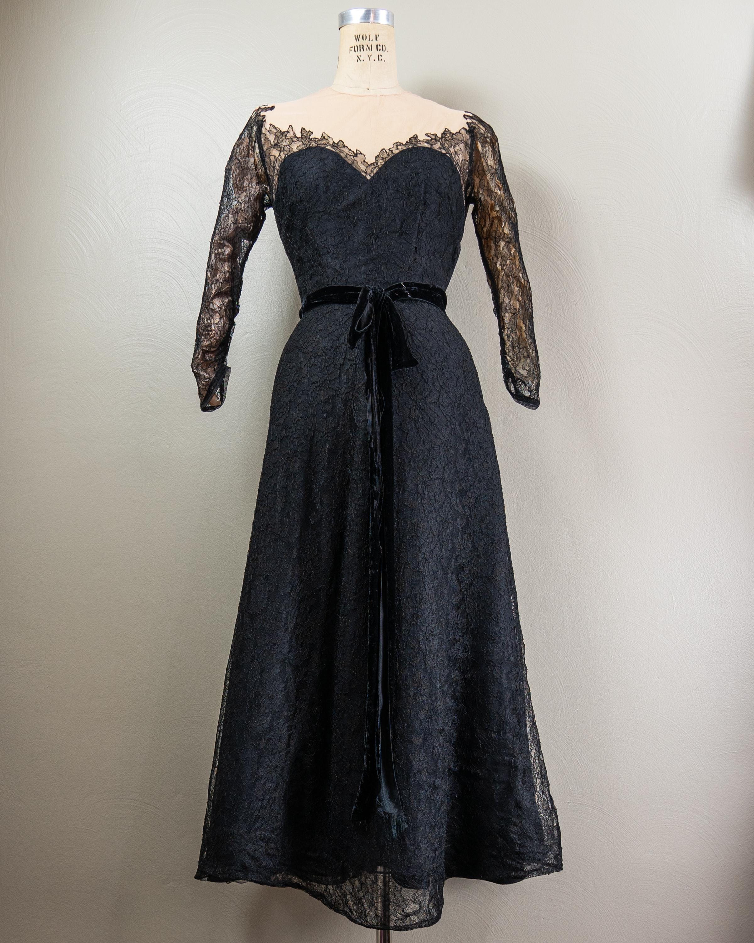 Elegant 40s Black Lace Evening Gown, Illusion Neckline, Long Lace Sleeves, Velvet Belt, Small Elegant 40s Black Lace Evening Gown, Illusion Neckline, Long Lace Sleeves, Velvet Belt, Small