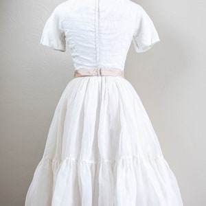 Darling 50s/60s White Cotton Organdy Party Dress, Taupe Satin Ribbon ...