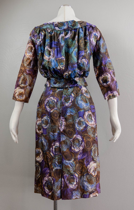 Funky 50s/60s Blue and Brown Rose Printed Wiggle … - image 5