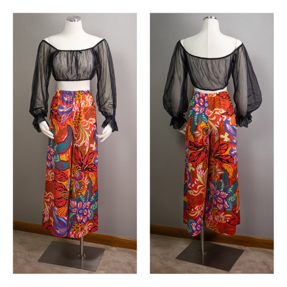 70s Sheer Peasant Crop Top Pants Sets, wide leg p… - image 1