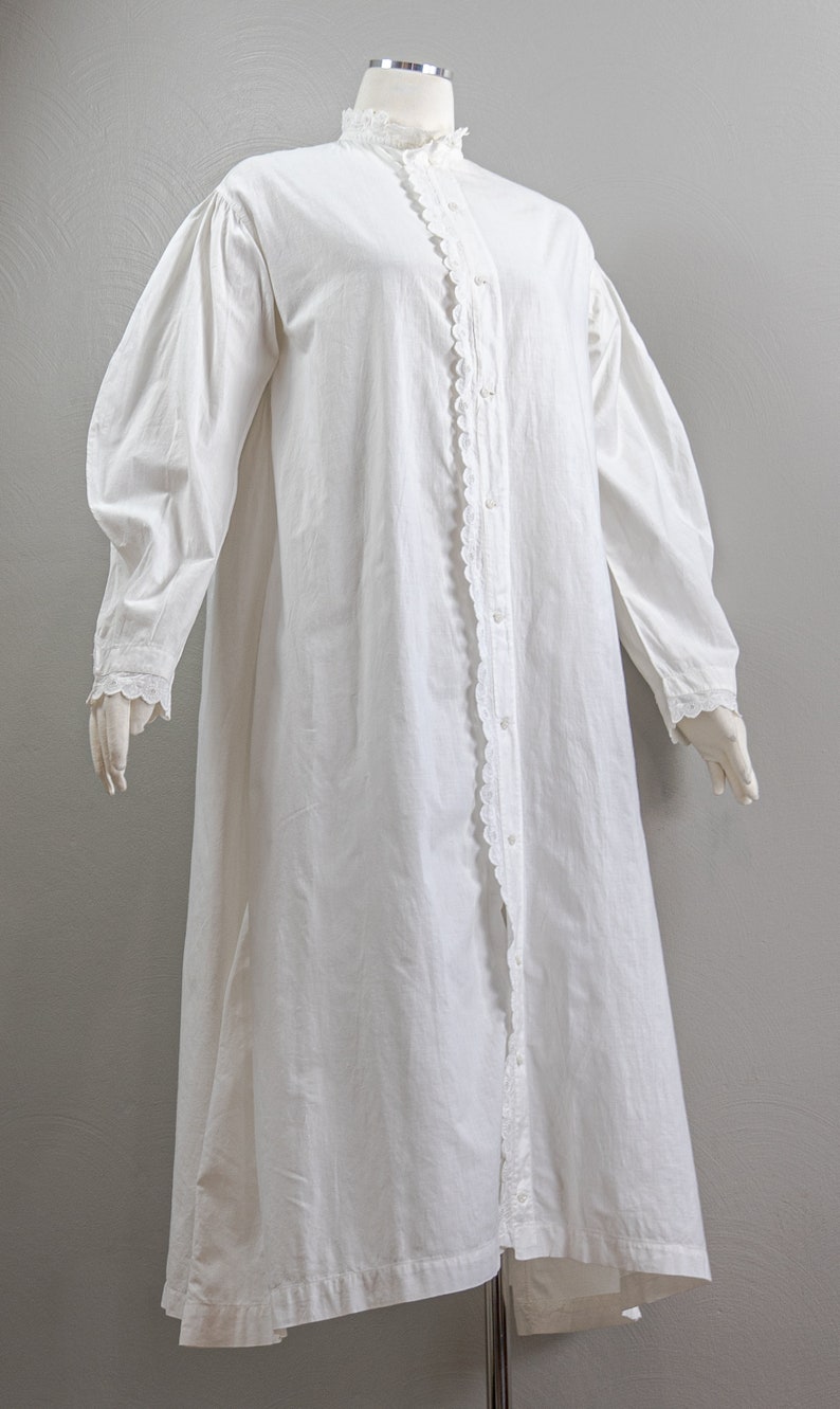 Antique Victorian Ca. 1860 Drop Shoulder White Linen Nightgown, Balloon Sleeves, Lace Trim, High Collar image 5