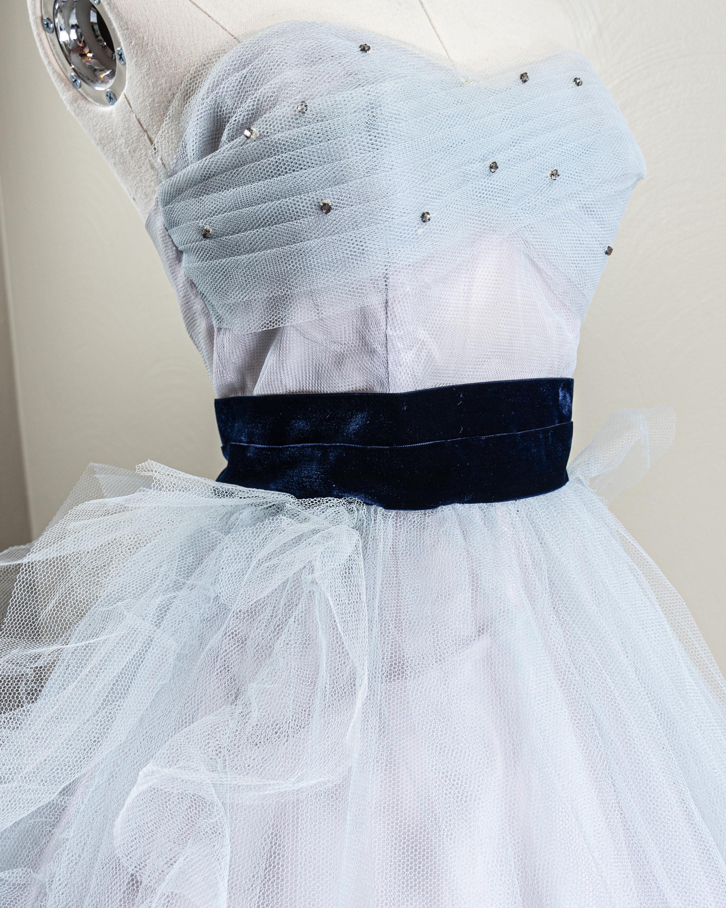 Vintage 50s Tulle Ball Gown: Baby Blue Rhinestone Dress, Velvet