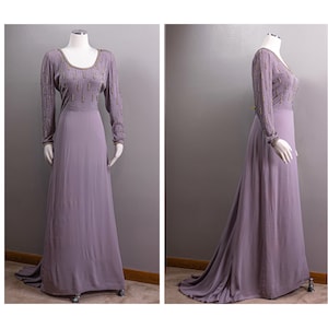 1940s Lilac Silk Crepe Evening Gown: Beaded, Alt Wedding Dress, Large