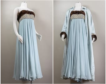 Gorgeous 60s Pastel Blue Satin and Chiffon Eveing Gown and Opera Coat Set, Fur Trim and Beading