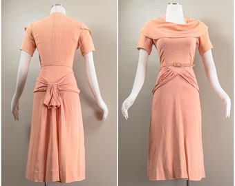 Peachy Pink 40s Crepe Rayon Day Dress, Draped Cowl-like neck, Peplum Bustle, Matching Belt