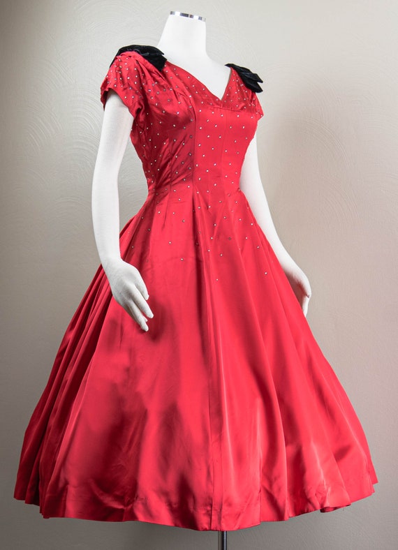 Glitzy 50s Red Satin Rhinestones Party Dress, Bla… - image 5