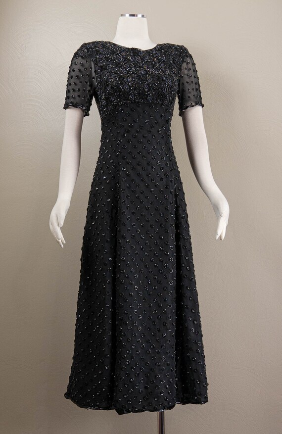 90s Black Silk Chiffon Beaded Midi Dress, Dark Ro… - image 2