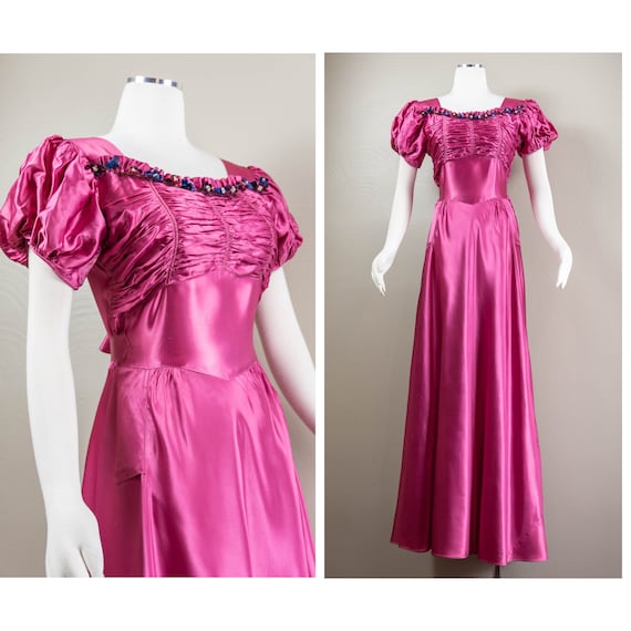 30s/40s Berry Rayon Satin Rushed Evening Gown, Ve… - image 1
