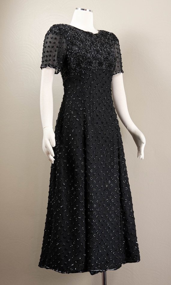 90s Black Silk Chiffon Beaded Midi Dress, Dark Ro… - image 4