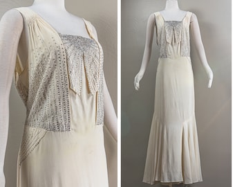 Glamourous 30s Cream Crepe Eveing Gown, Emblished with Rhinestones and Beads, Bridal