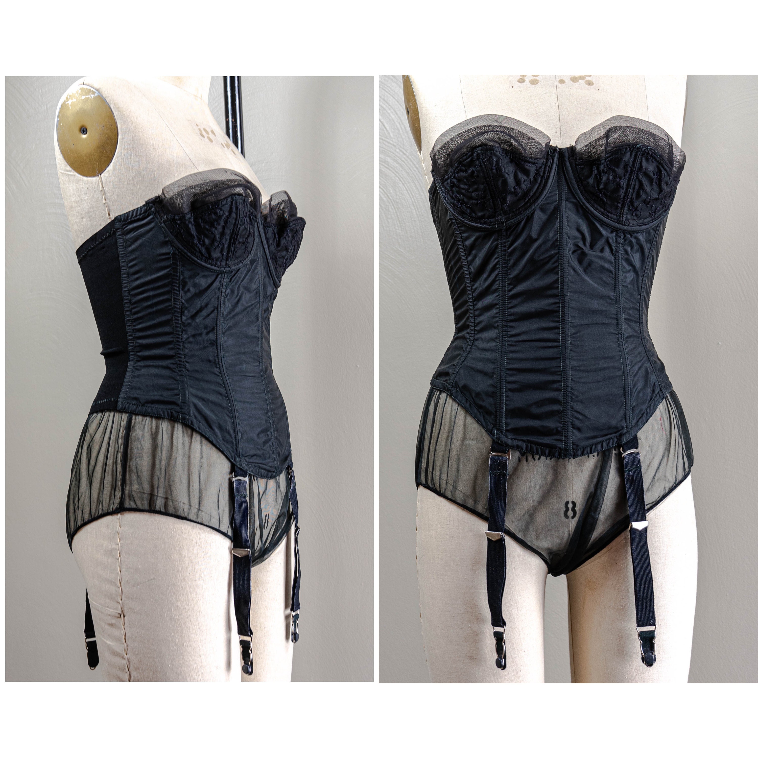 Fabulous 50s Black Nylon Corset Embroider Cups, Size 34A, Garter Straps,  Merry Widow Corset