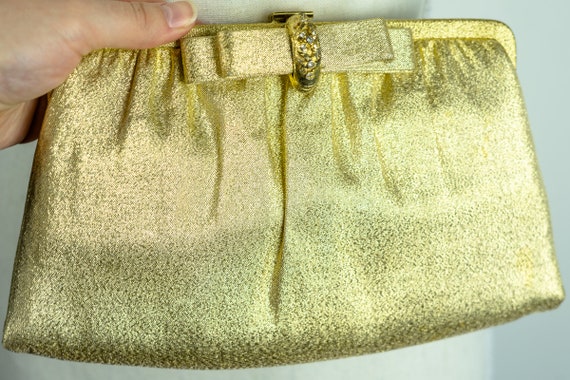 Vintage 50s/60s Gold Bow Clutch with rhinestone c… - image 4