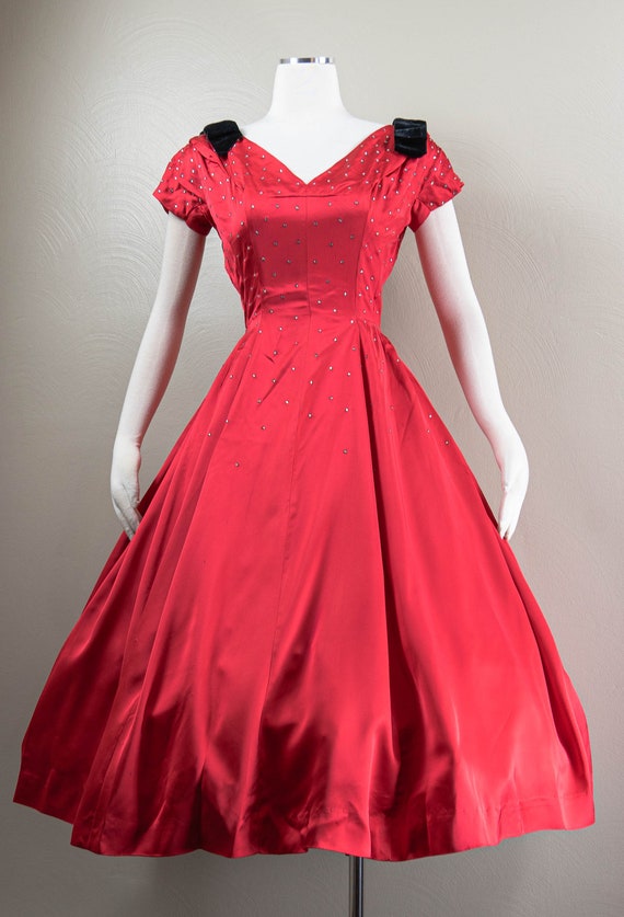 Glitzy 50s Red Satin Rhinestones Party Dress, Bla… - image 2