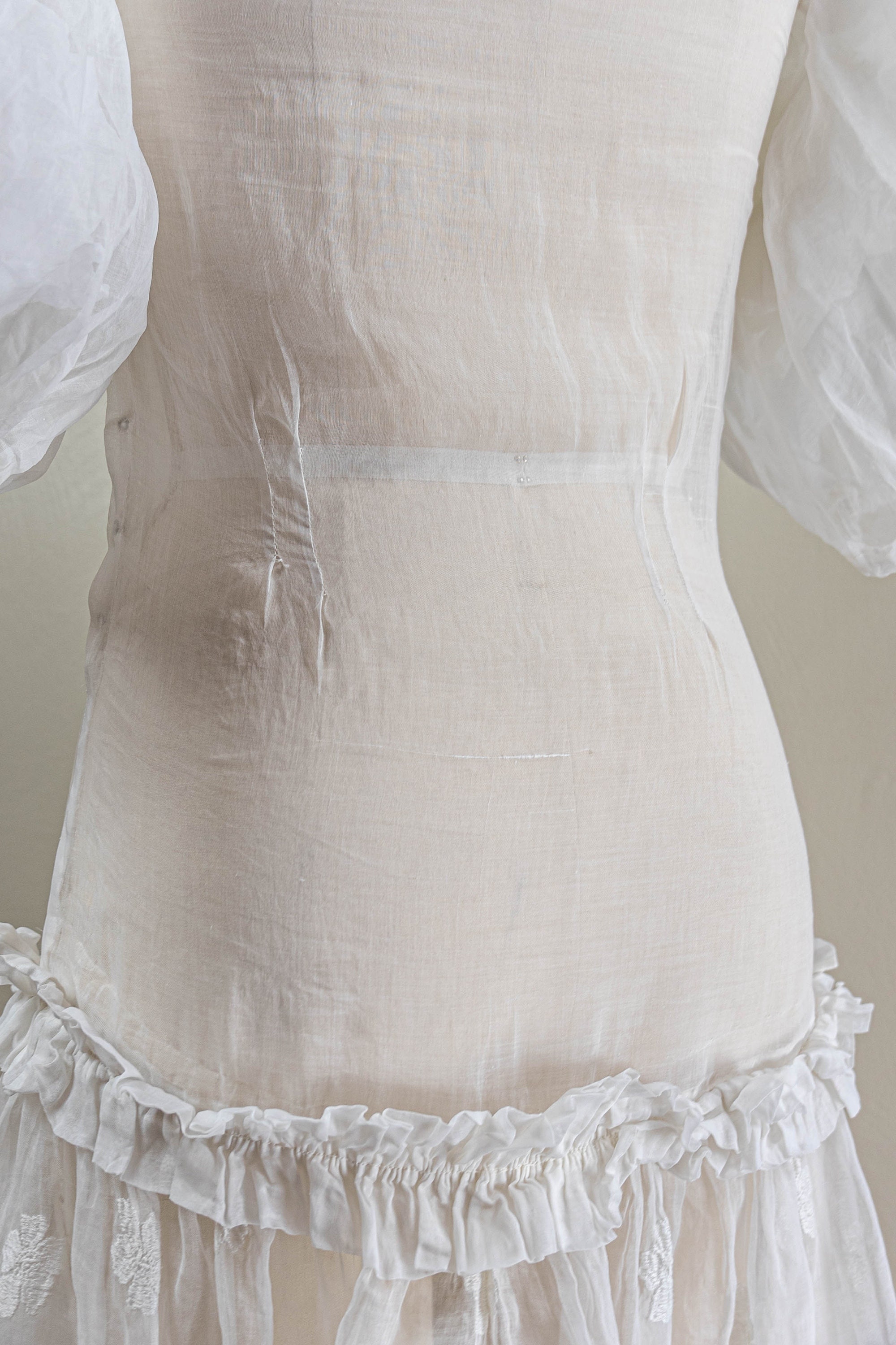 1930s White Cotton Organdy Dress: Embroidered Floral Skirt