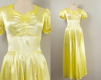 1930s/40s Buttery Yellow Silken Rayon Gown | Puff Sleeve Evening Dress | Old Hollywood, Small
