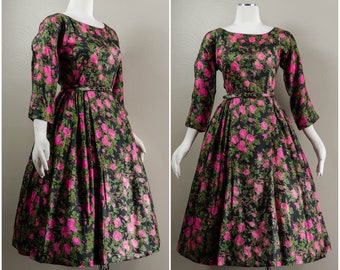 Lovely Dark Romantic 50s Black, Pink Roses Printed Silk Dress, Matching Belt, Full Skirt