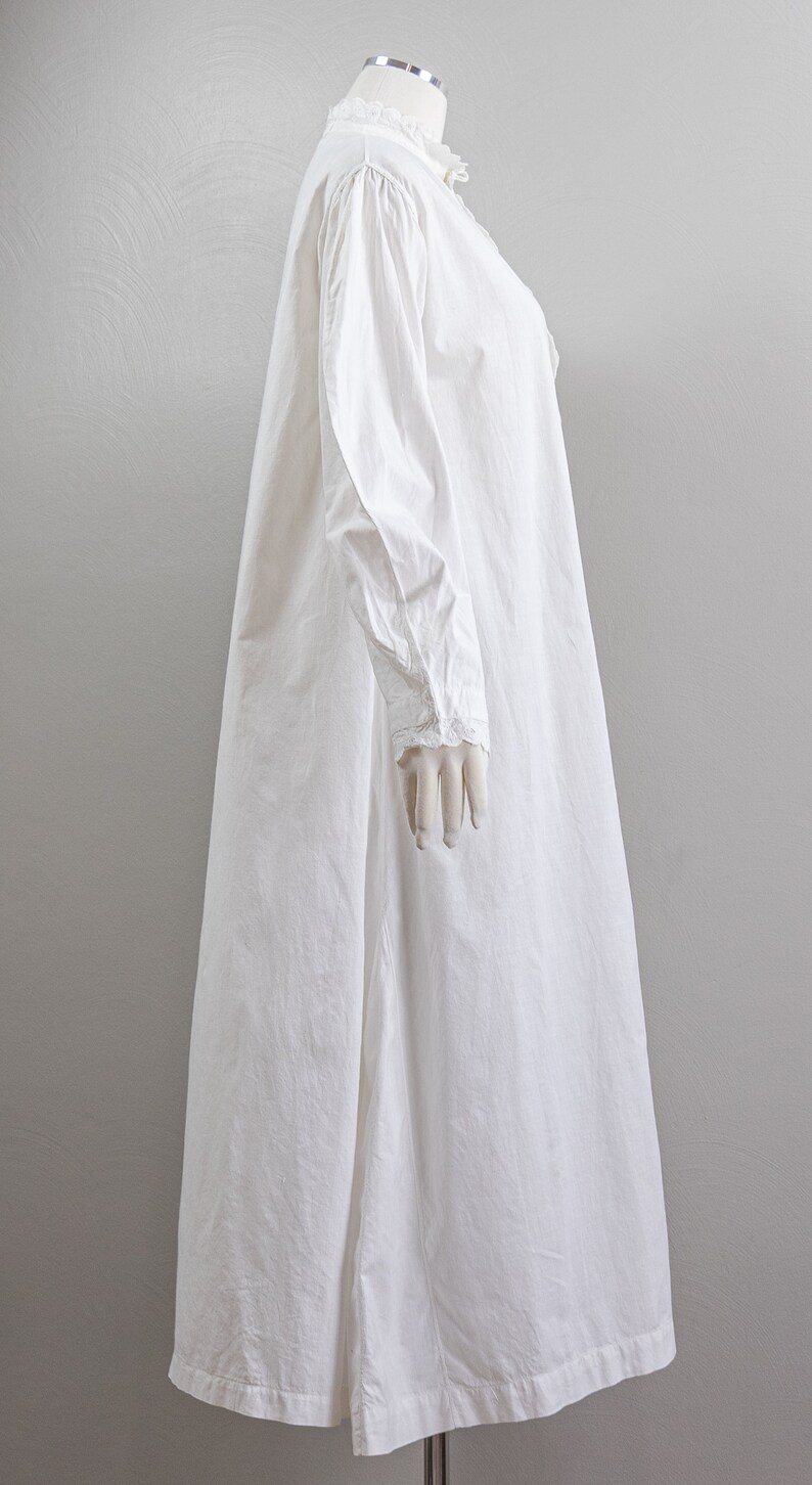 Antique Victorian Ca. 1860 Drop Shoulder White Linen Nightgown, Balloon Sleeves, Lace Trim, High Collar image 6