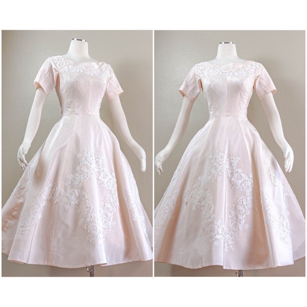 Darling 50s Blush Raw Silk with White Lace Short Wedding Gown by Priscilla of Boston