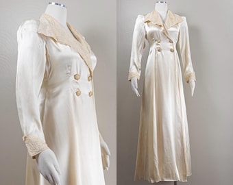 Vintage 30s Silk Satin Peignoir Robe: Tambour Lace Trench Style, Medium