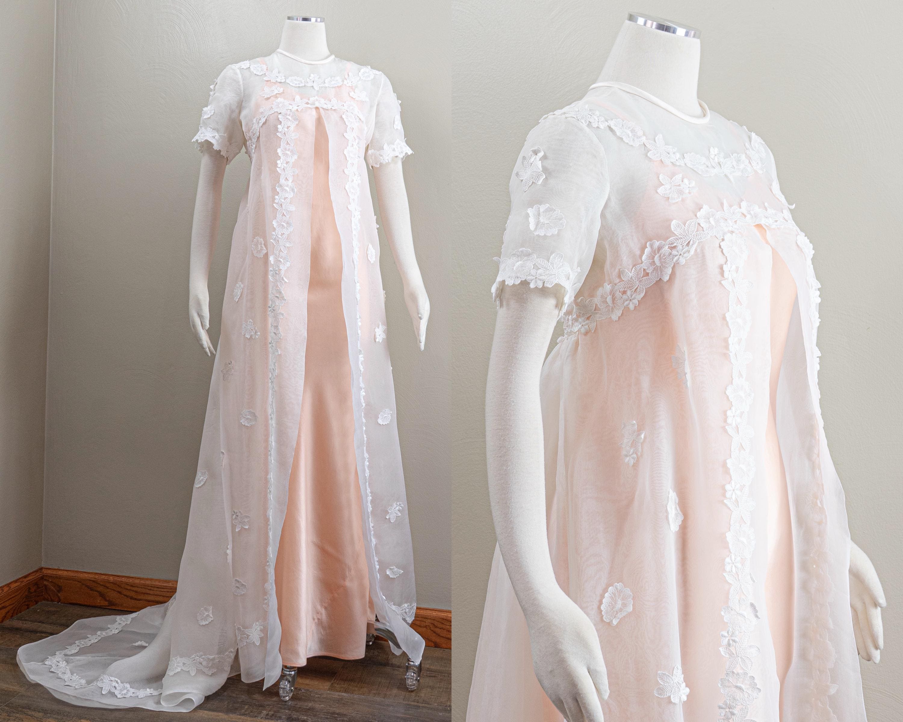1960s Sheer Bridal Overdress, Cotton Organdy, Floral Appliqué