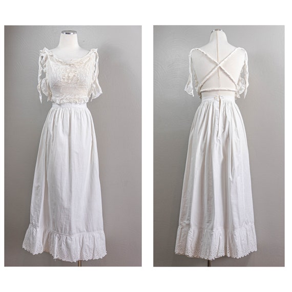 Lovely Antique White Linen Petticoat, Eyelet Lace… - image 1