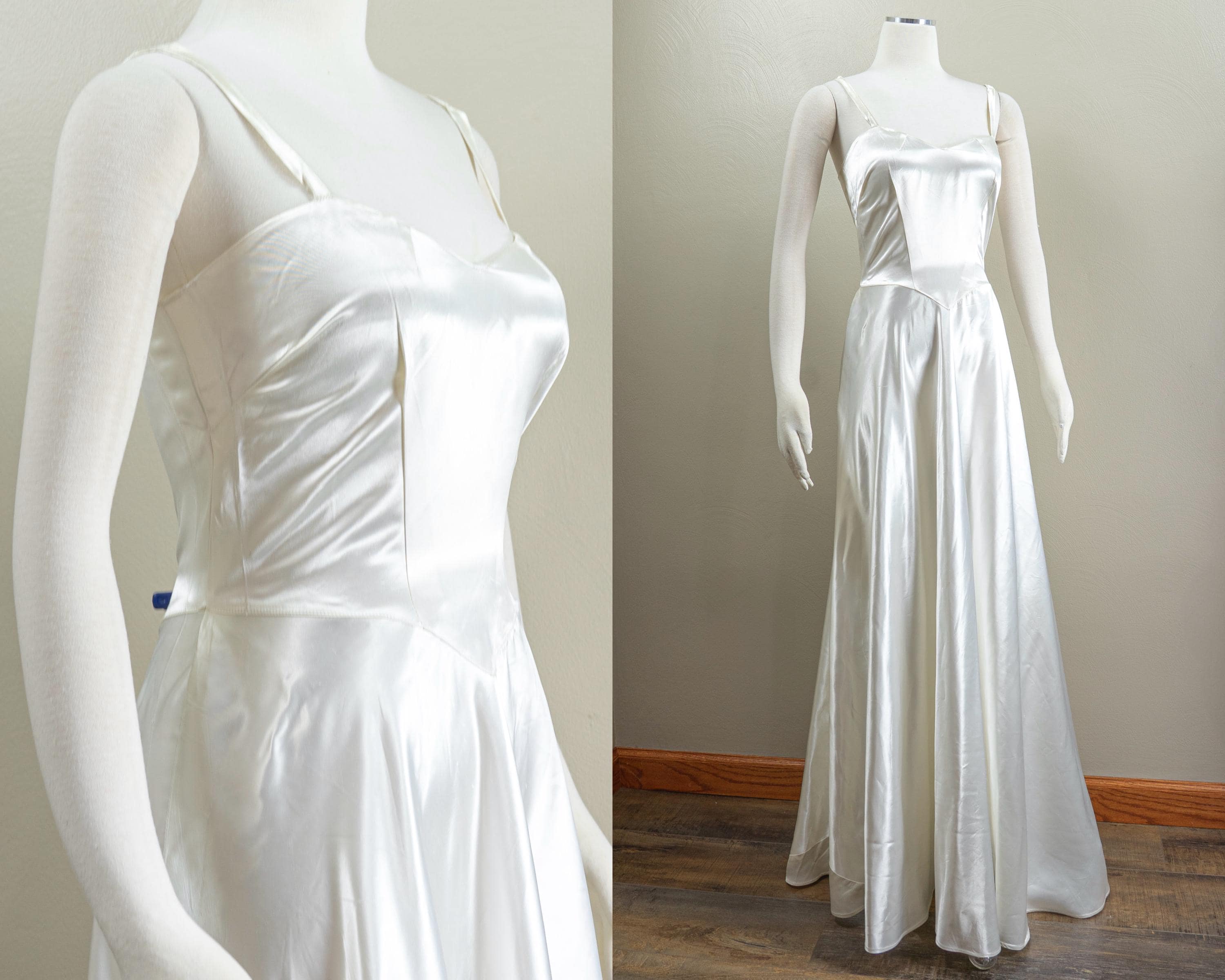 Elegant Late 1930s/Early 1940s Candlelight Satin Wedding Slip Gown with A-Line Train, Medium/Large