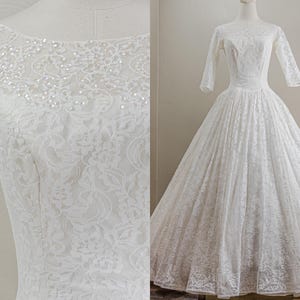 1950s White Lace Wedding Dress by Cahill, Pearl & Iridescent Embellishments, Small