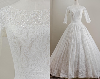 1950s White Lace Wedding Dress by Cahill, Pearl & Iridescent Embellishments, Small
