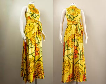 60-/70-tals Jumpsuit i satin med ringblommigt tryck, vida ben, Malcolm Charles, Medium