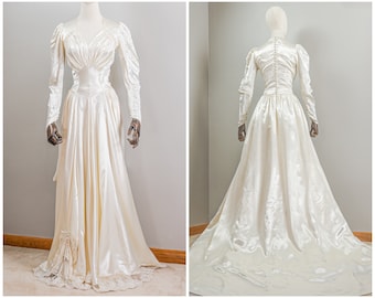 Beautiful 40s Candlelight Satin Wedding Gown, Lace Trim, Rushing Details, Court Train, By Marshall Fields