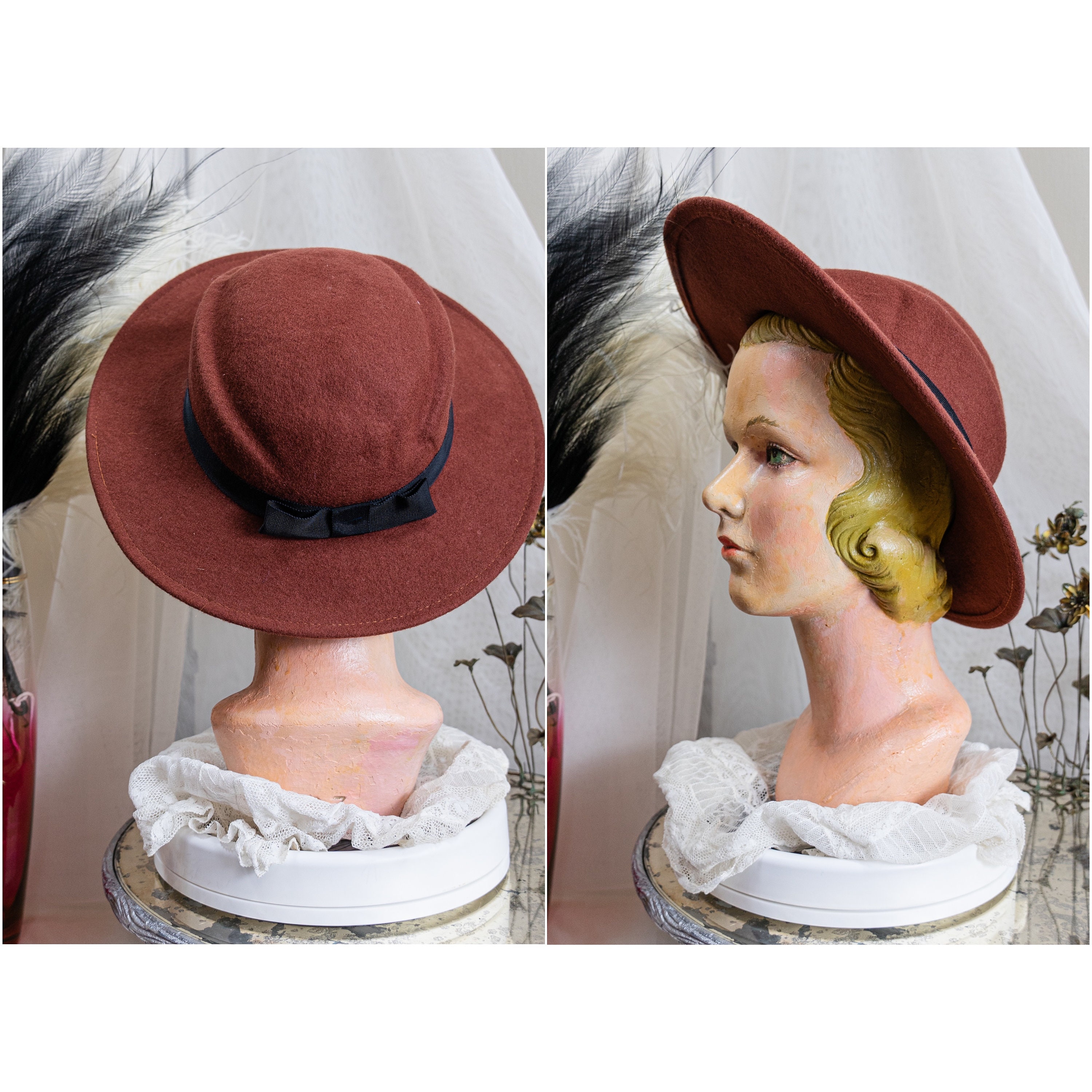 DASHING DUTCH 1940s\' BROWN FELT BOATER HAT W/COORDINATING FEATHERS & VEIL 1940s Boater Hat - Etsy main image 3