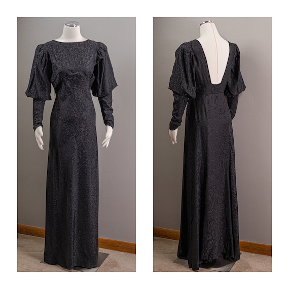 Slinky 1930s Inky Black Moire Pattern Dress, Leg o