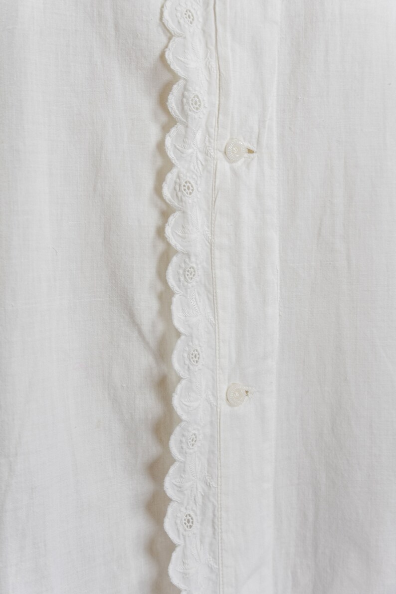 Antique Victorian Ca. 1860 Drop Shoulder White Linen Nightgown, Balloon Sleeves, Lace Trim, High Collar image 9