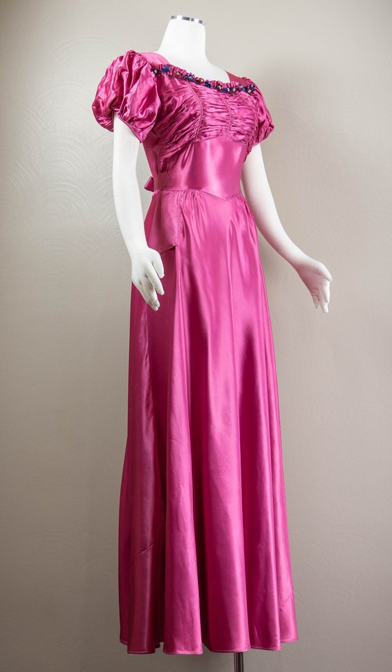 30s/40s Berry Rayon Satin Rushed Evening Gown, Ve… - image 5