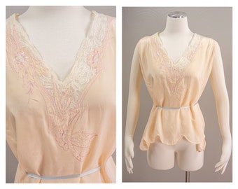 Antique 20s Peach Silk and Lace Pajama Top, Floral applique, blouse, large size