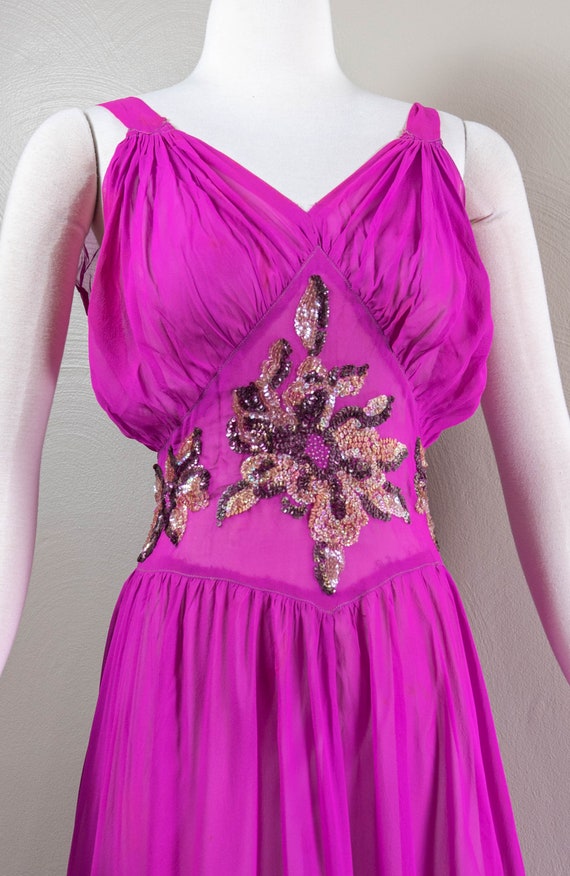 Glamorous 30s Vivid Fuchsia Silk Chiffon Evening … - image 3