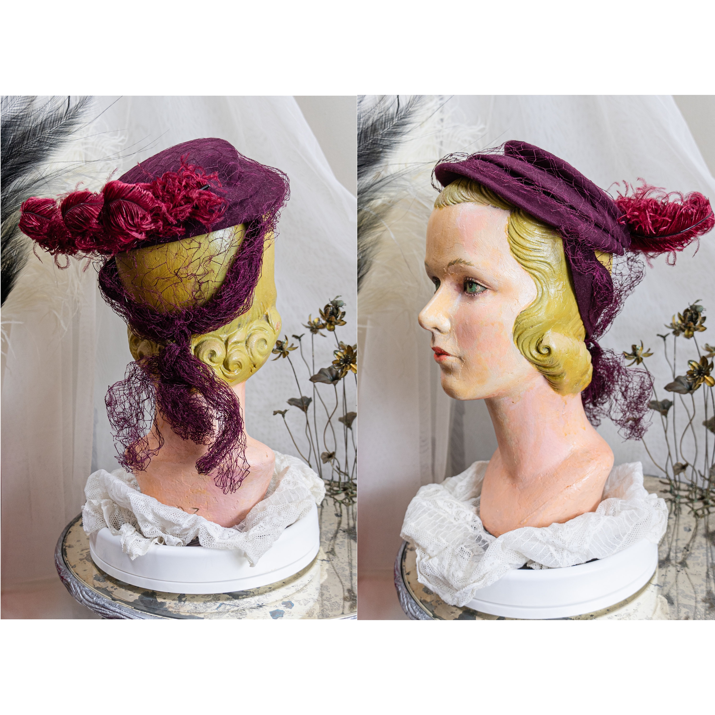 Chapeau Vintage Saks Fifth Avenue Bordeaux En Laine Feutrée Avec Plumes - Taille Unique, Occasion