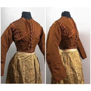Antique Victorian 1850s Brown Silk Day Bodices, Long Sleeves, Hand sewn,
