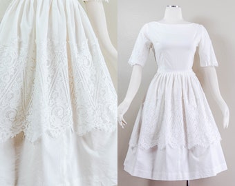 Lovely 50s/60s White Cotton and Lace Sun Dress, Circle Skirt, Elopement Dress