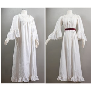 Beautiful Antique Edwardian White Linen Nightgown, Large Embroidered Bell Sleeves, Lace