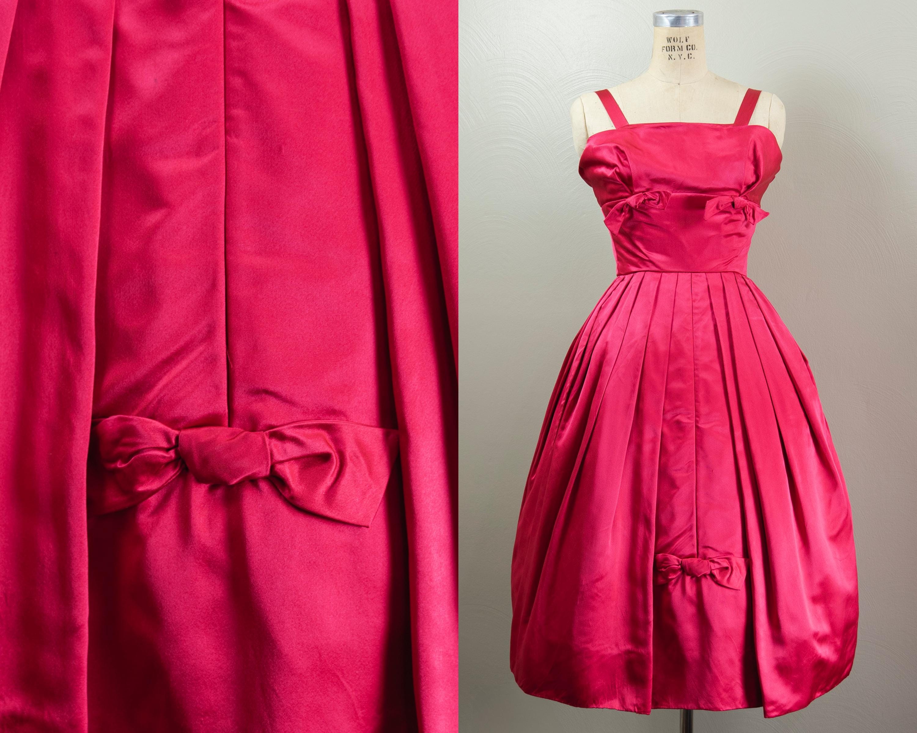 1950S Hot Pink Silk Party Dress Suzy Perette Tulip Skirt, Bow Details, Small