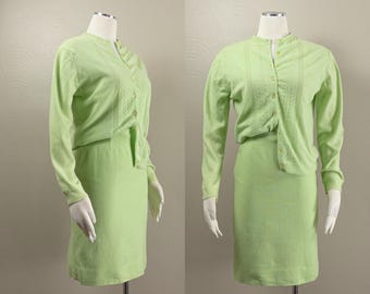 50s/60s Pistachio Green Wool Knit Skirt Set, Cardigan, Garland, Small
