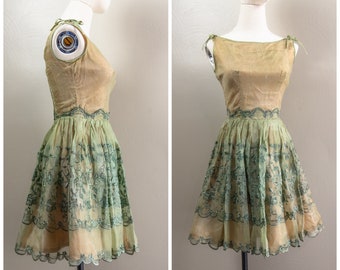 Darling 50s Green and Gold Organza Party Dress, Floral Embroidery, Mini Skirt Length, As-is