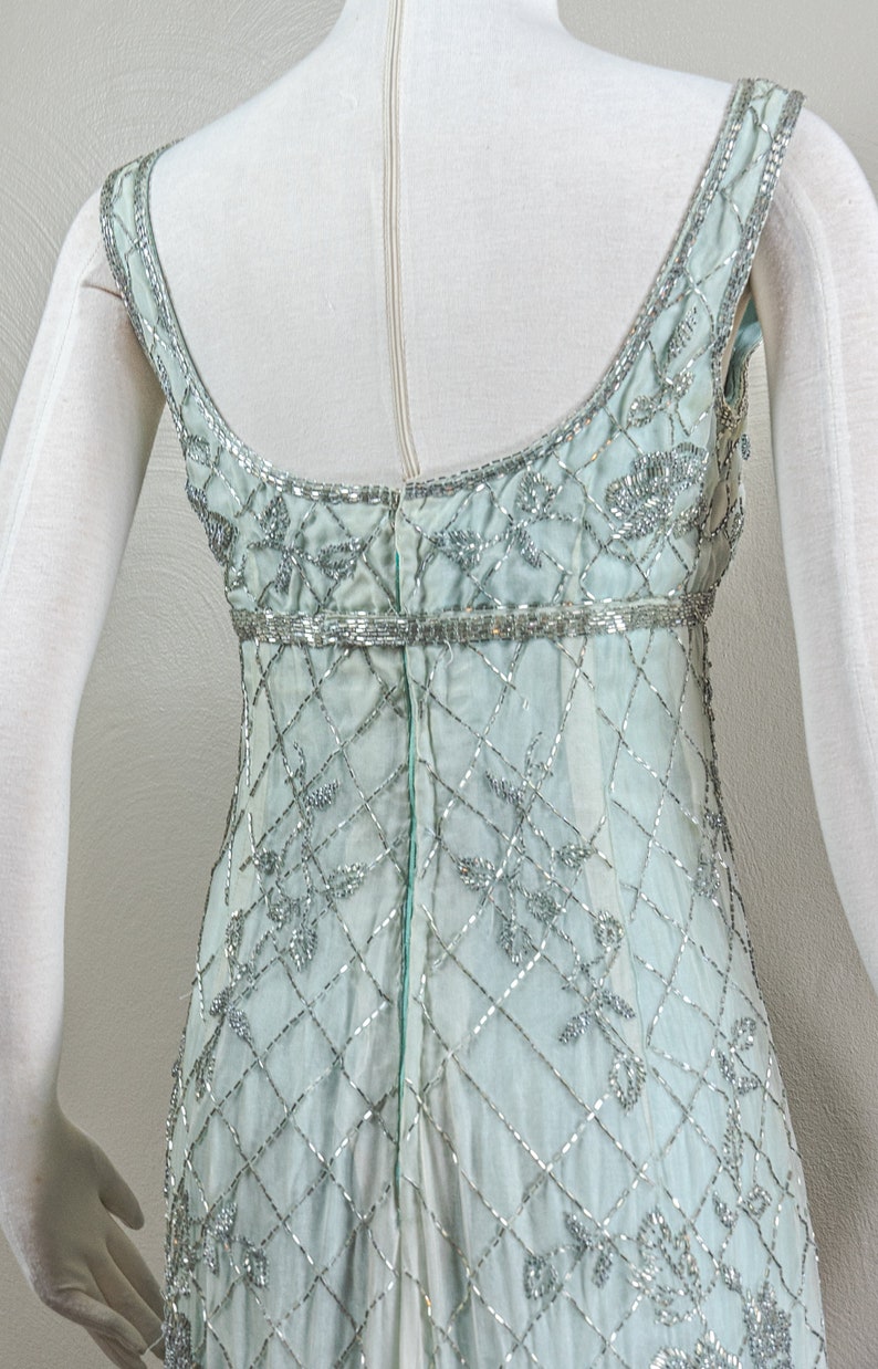 Stunning 60s Rosalie MaCrini Beaded Teal Silk Organza Evening Dress, Empire Waisted, Grecian Style image 6