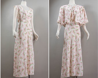 Feminine 30s/40s White and Pink Rayon Floral Printed Bed Jacket and Nightgown Set, Bias-cut Slip Dress