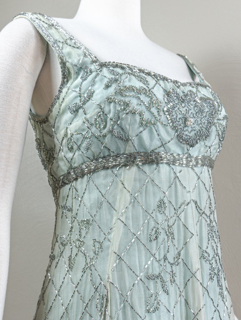 Stunning 60s Rosalie MaCrini Beaded Teal Silk Organza Evening Dress, Empire Waisted, Grecian Style image 3