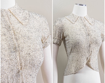 Gorgeous Art Dec Silver Beaded White Silk Chiffon Blouse/Jacket, 30s/40s, Rhinestones