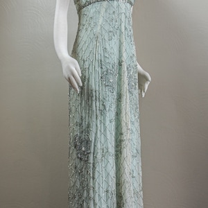 Stunning 60s Rosalie MaCrini Beaded Teal Silk Organza Evening Dress, Empire Waisted, Grecian Style image 4