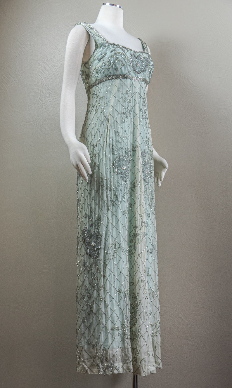 Stunning 60s Rosalie MaCrini Beaded Teal Silk Organza Evening Dress, Empire Waisted, Grecian Style image 4