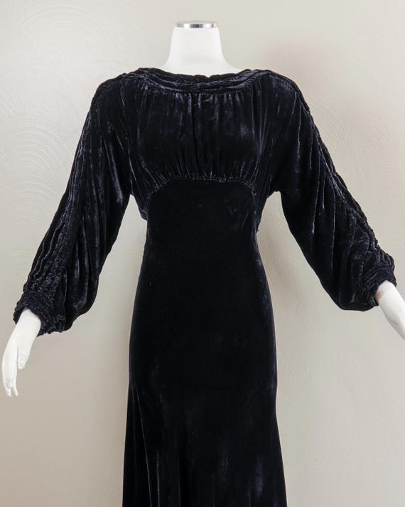 1930s Black Silk Velvet Evening Gown with Rhinestone … - Gem